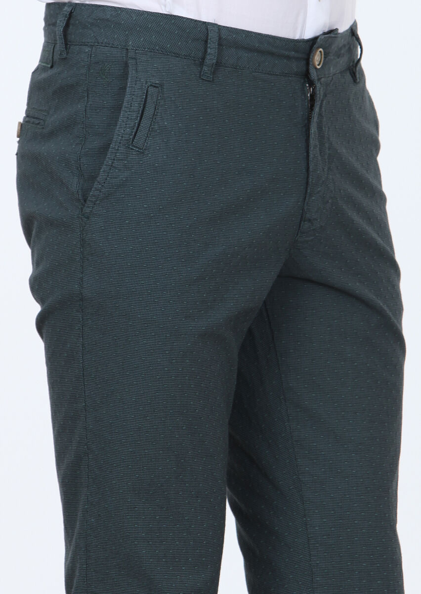 Petrol Blue Weaving Regular Fit Casual Cotton Blended Trousers - 3