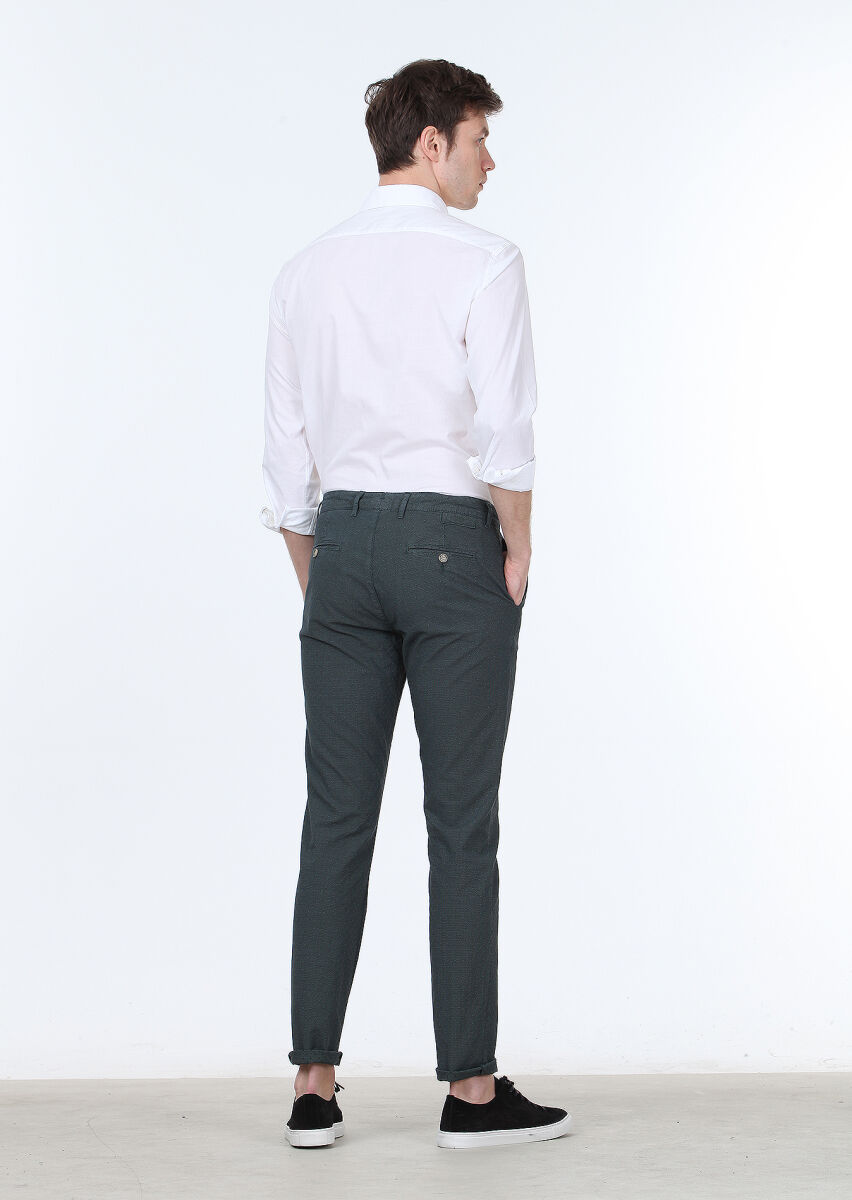 Petrol Blue Weaving Regular Fit Casual Cotton Blended Trousers - 4