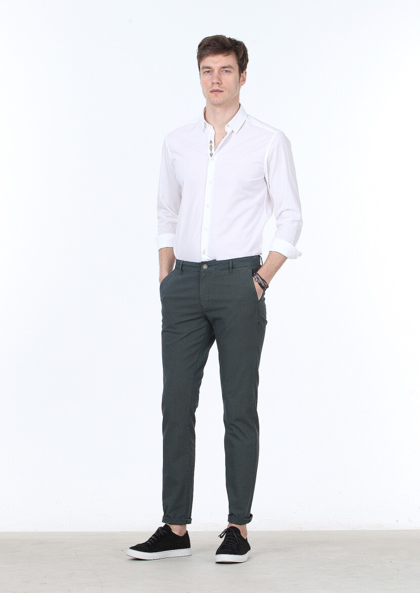 Petrol Blue Weaving Regular Fit Casual Cotton Blended Trousers 