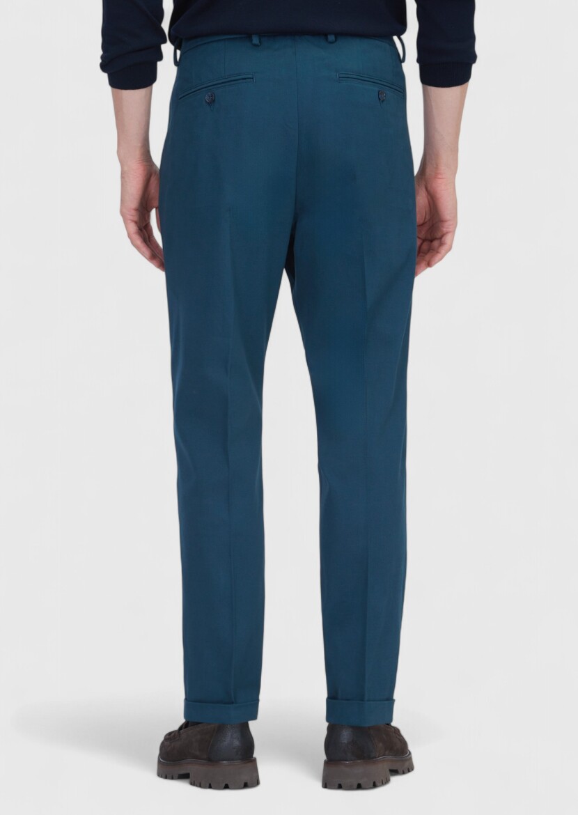 Petrol Blue Weaving Regular Fit Casual Cotton Blended Trousers - 5