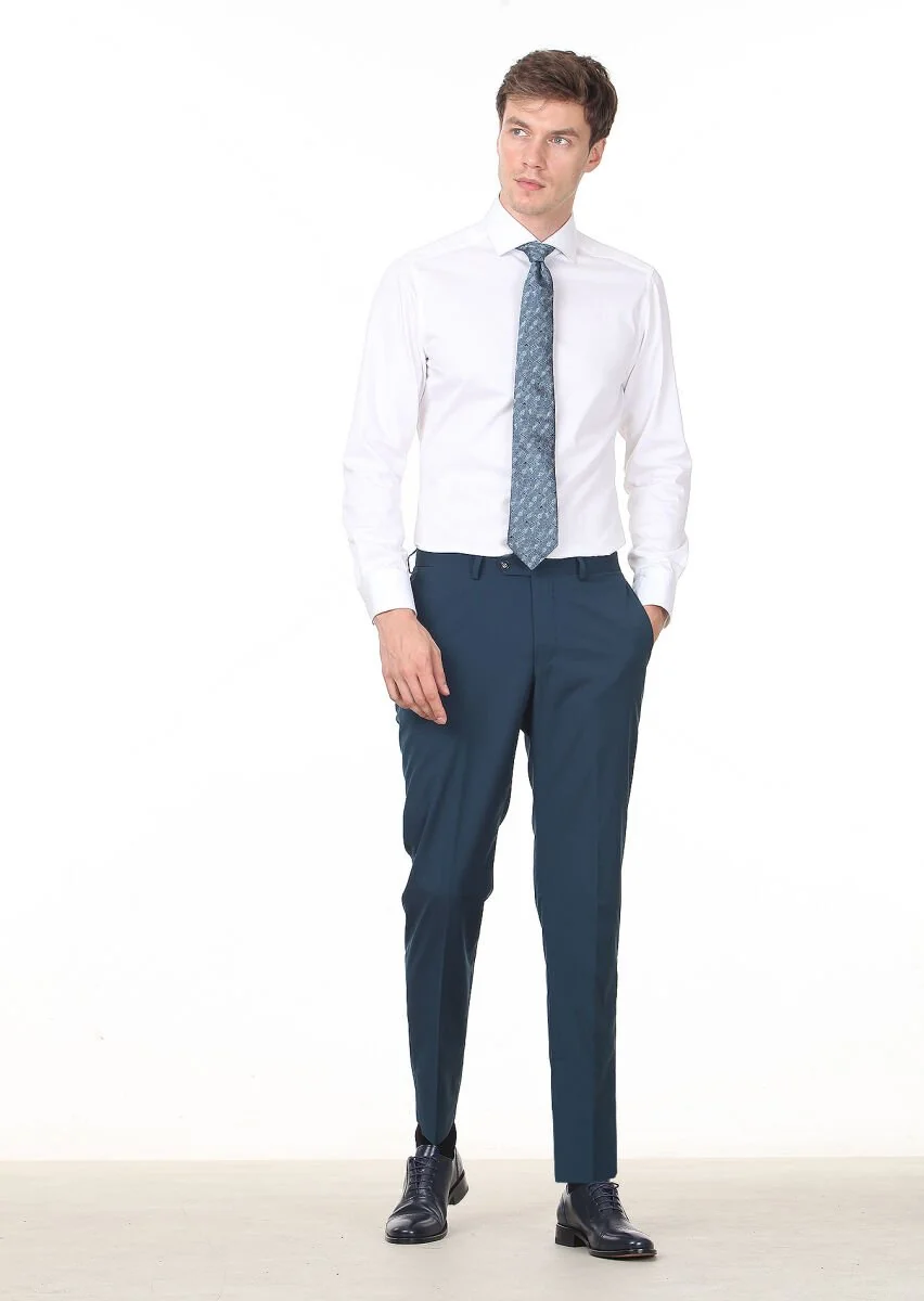 Petrol Blue Weaving Regular Fit Classical 100% Wool Trousers - 1
