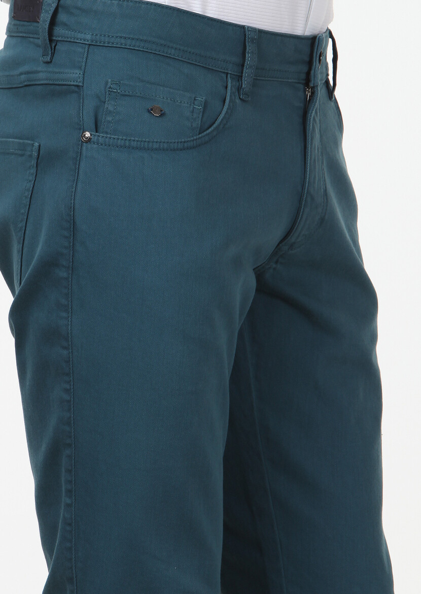 Petrol Blue Weaving Slim Fit Casual Cotton Blended Trousers - 3