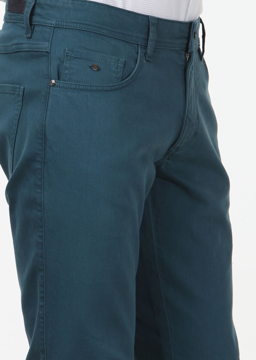 Petrol Blue Weaving Slim Fit Casual Cotton Blended Trousers - 3