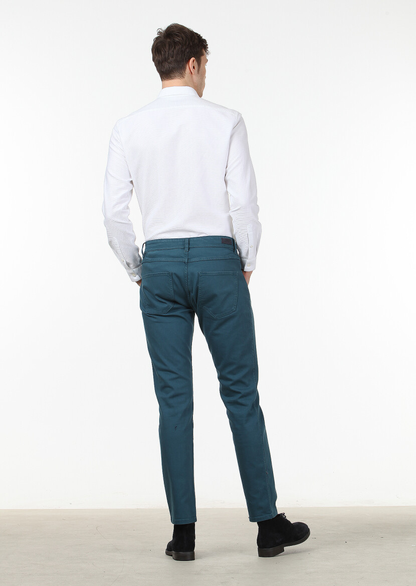Petrol Blue Weaving Slim Fit Casual Cotton Blended Trousers - 4