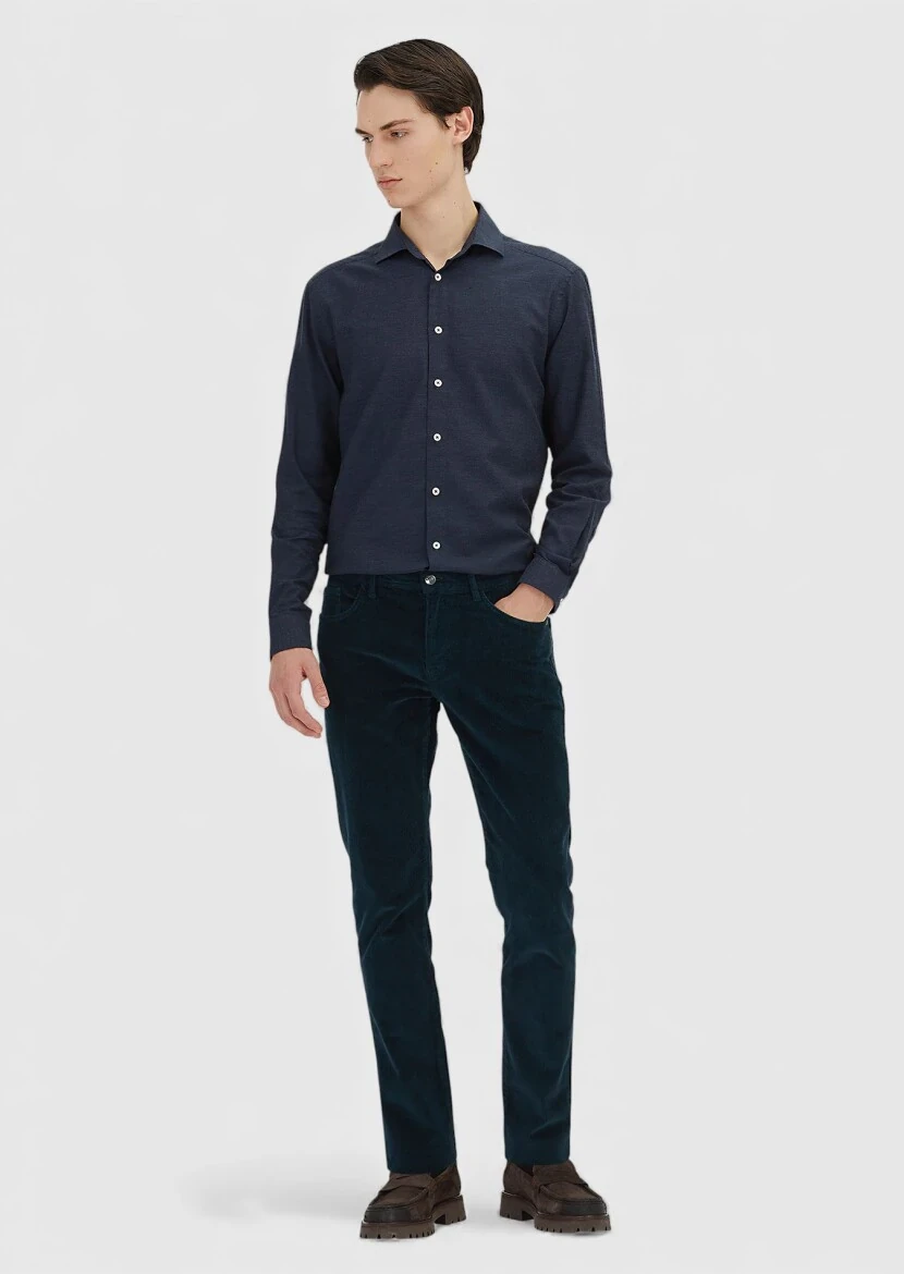 Petrol Blue Weaving Slim Fit Casual Cotton Blended Trousers - RAMSEY