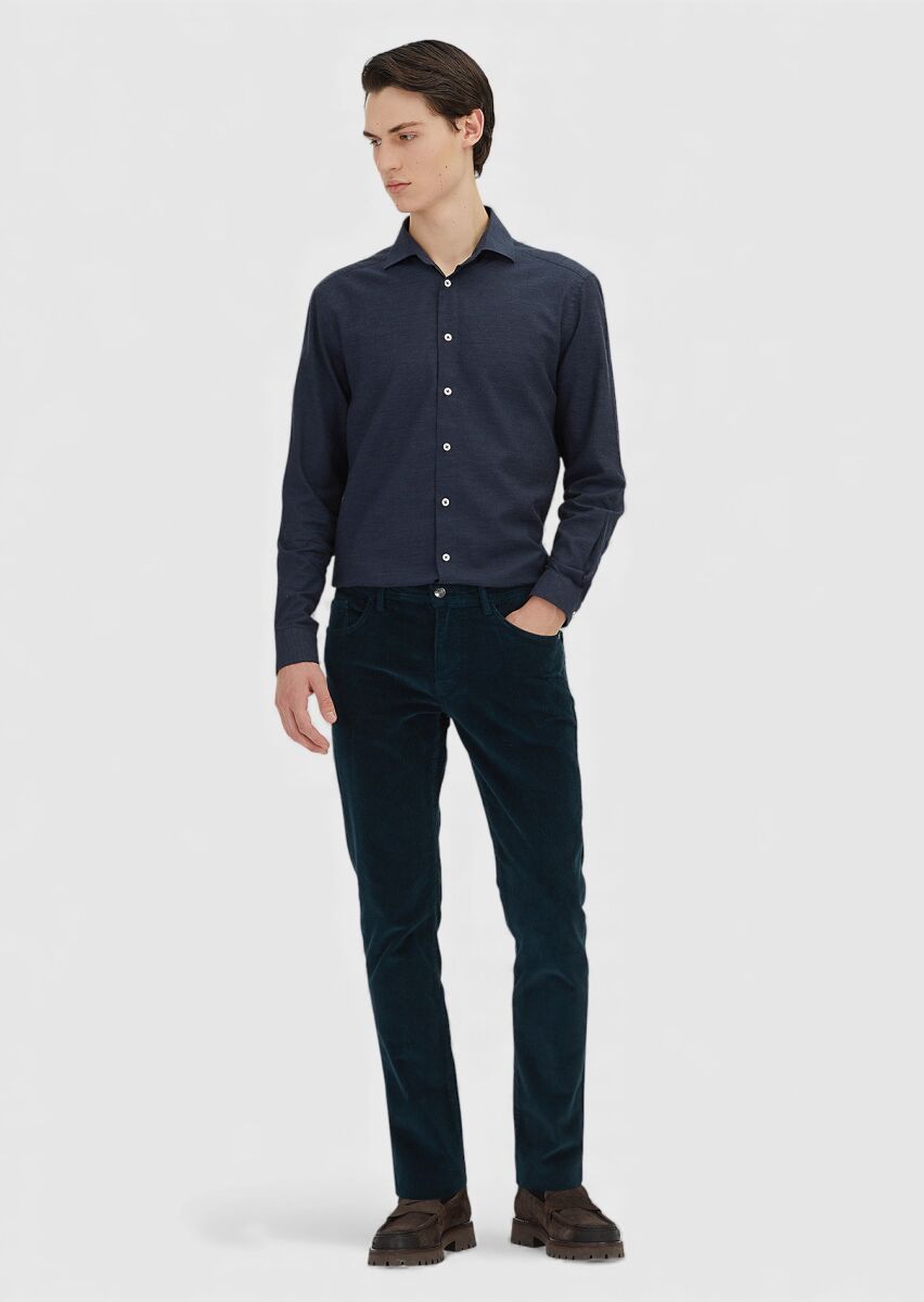 Petrol Blue Weaving Slim Fit Casual Cotton Blended Trousers - 1