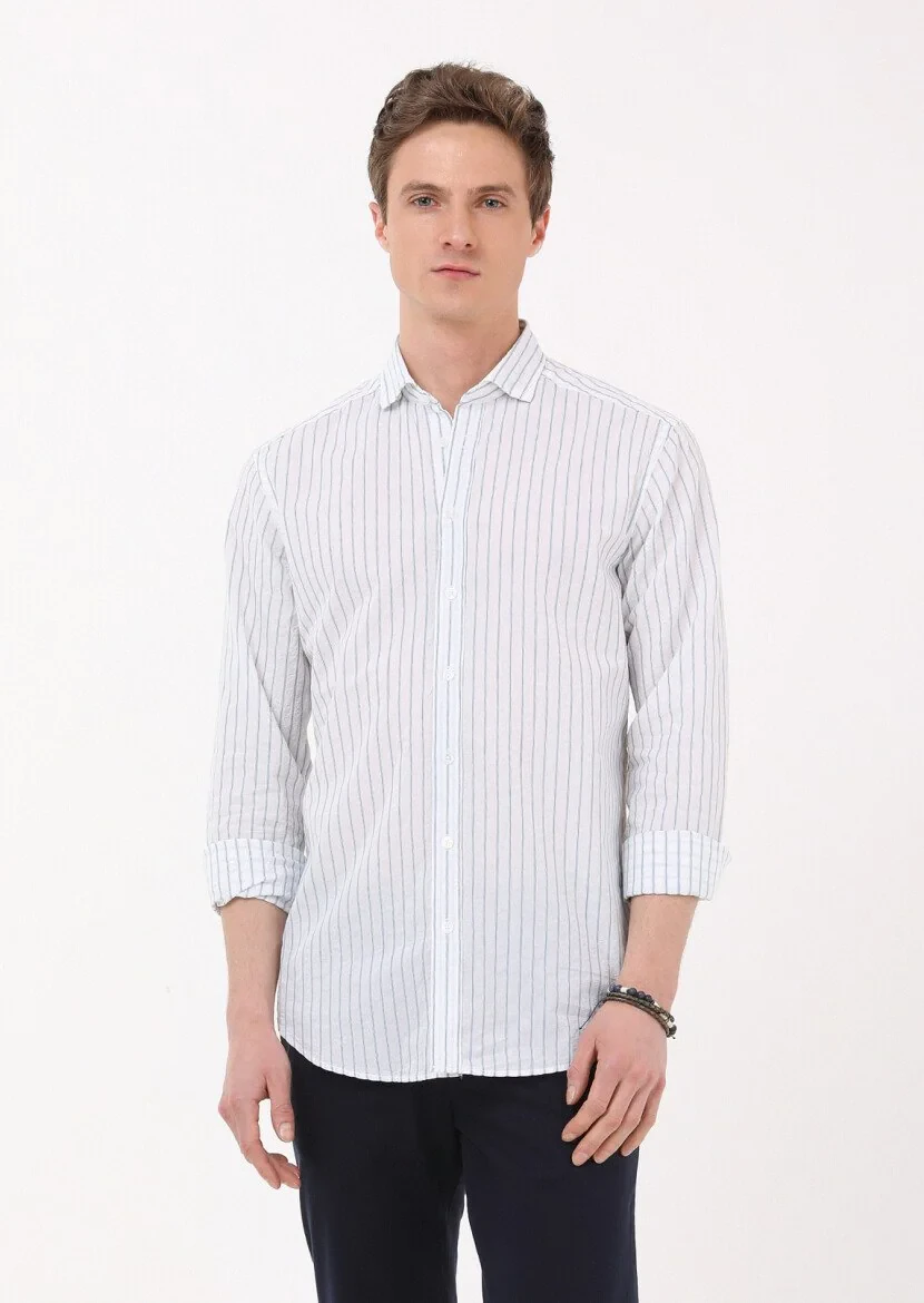 Petrol Çizgili Regular Fit Dokuma Casual Pamuk Karışımlı Gömlek - 4