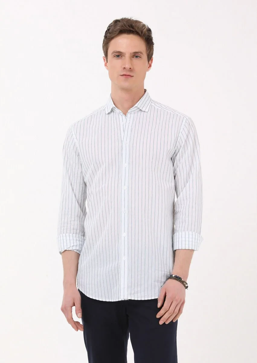 Petrol Çizgili Regular Fit Dokuma Casual Pamuk Karışımlı Gömlek - 4