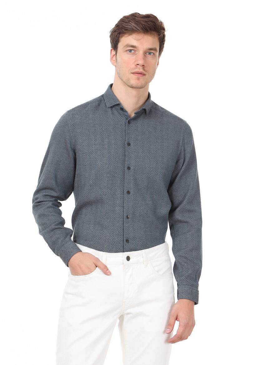 Petrol Desenli Regular Fit Uzun Dokuma Casual %100 Pamuk Gömlek - 1