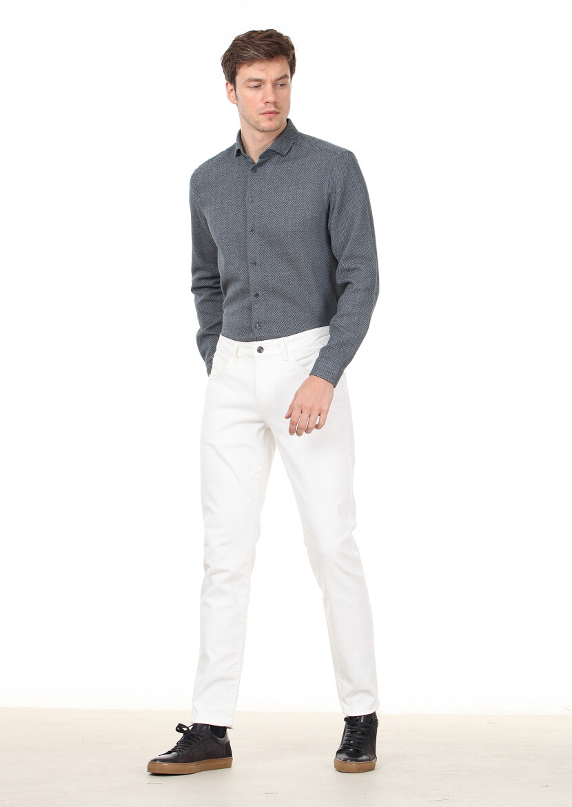 Petrol Desenli Regular Fit Uzun Dokuma Casual %100 Pamuk Gömlek - 3