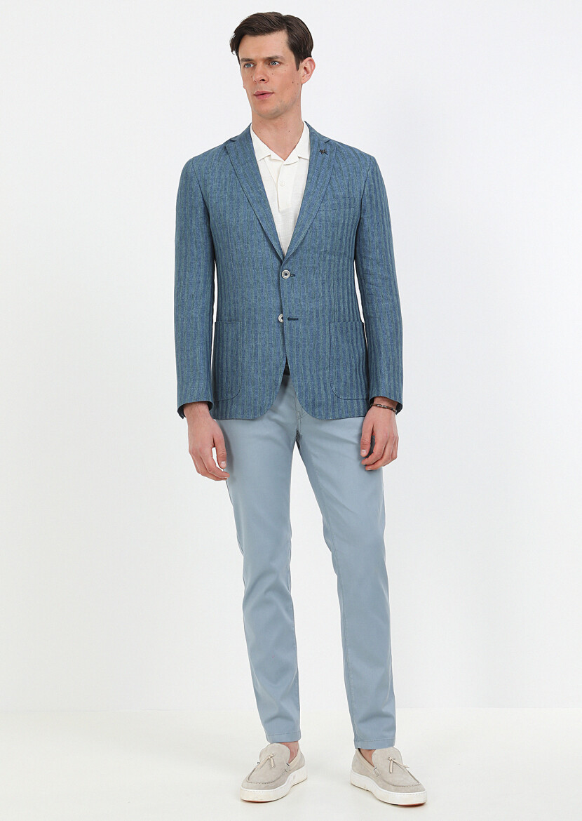 Petrol Desenli Shirt Shoulder Slim Fit %100 Keten Ceket - 2