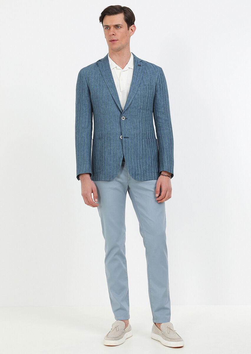 Petrol Desenli Shirt Shoulder Slim Fit %100 Keten Ceket - 2