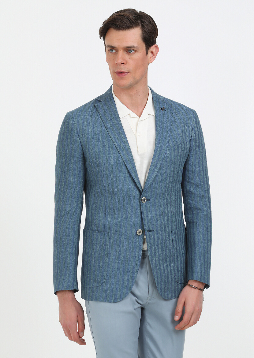 Petrol Desenli Shirt Shoulder Slim Fit %100 Keten Ceket - 3
