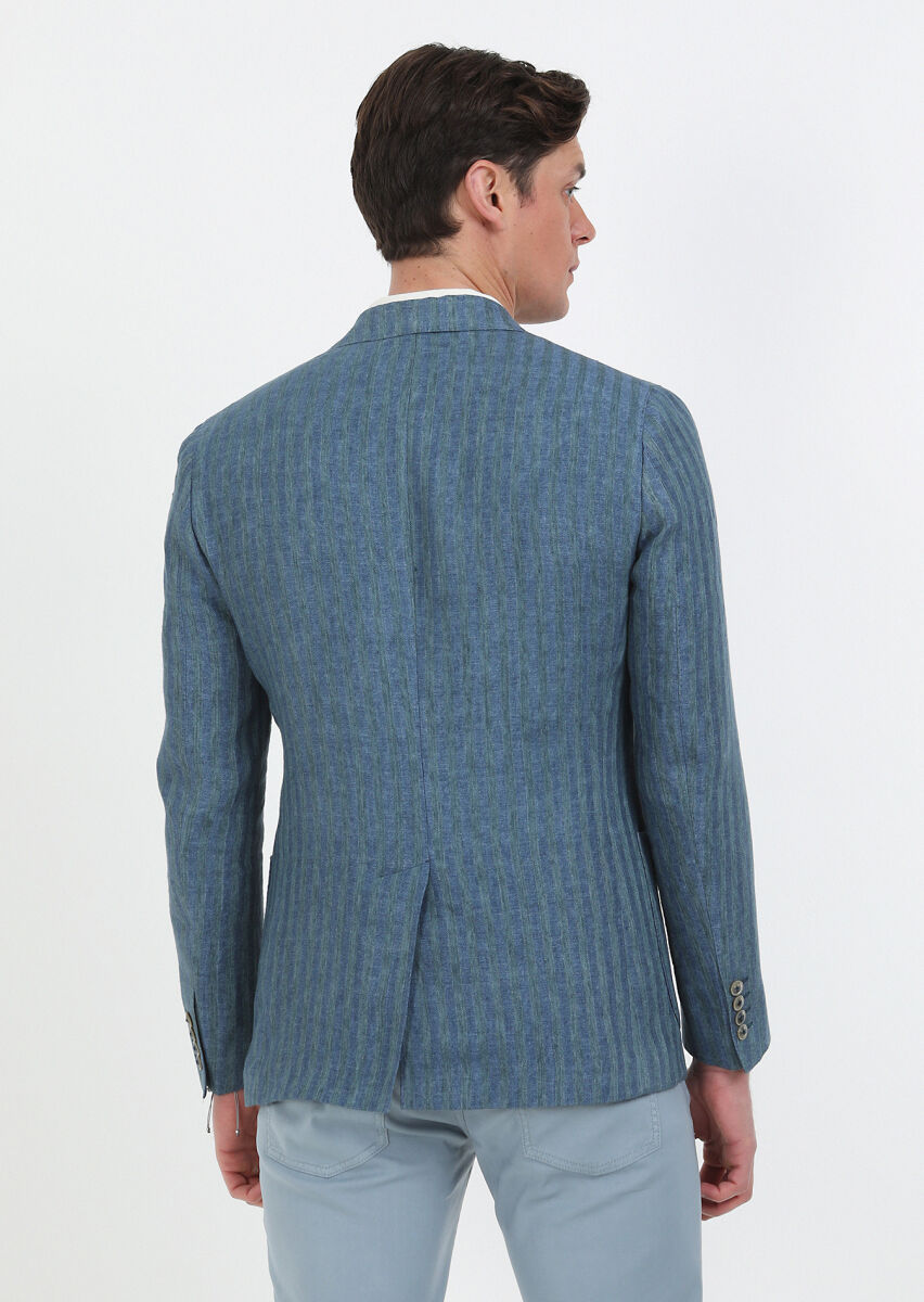 Petrol Desenli Shirt Shoulder Slim Fit %100 Keten Ceket - 6