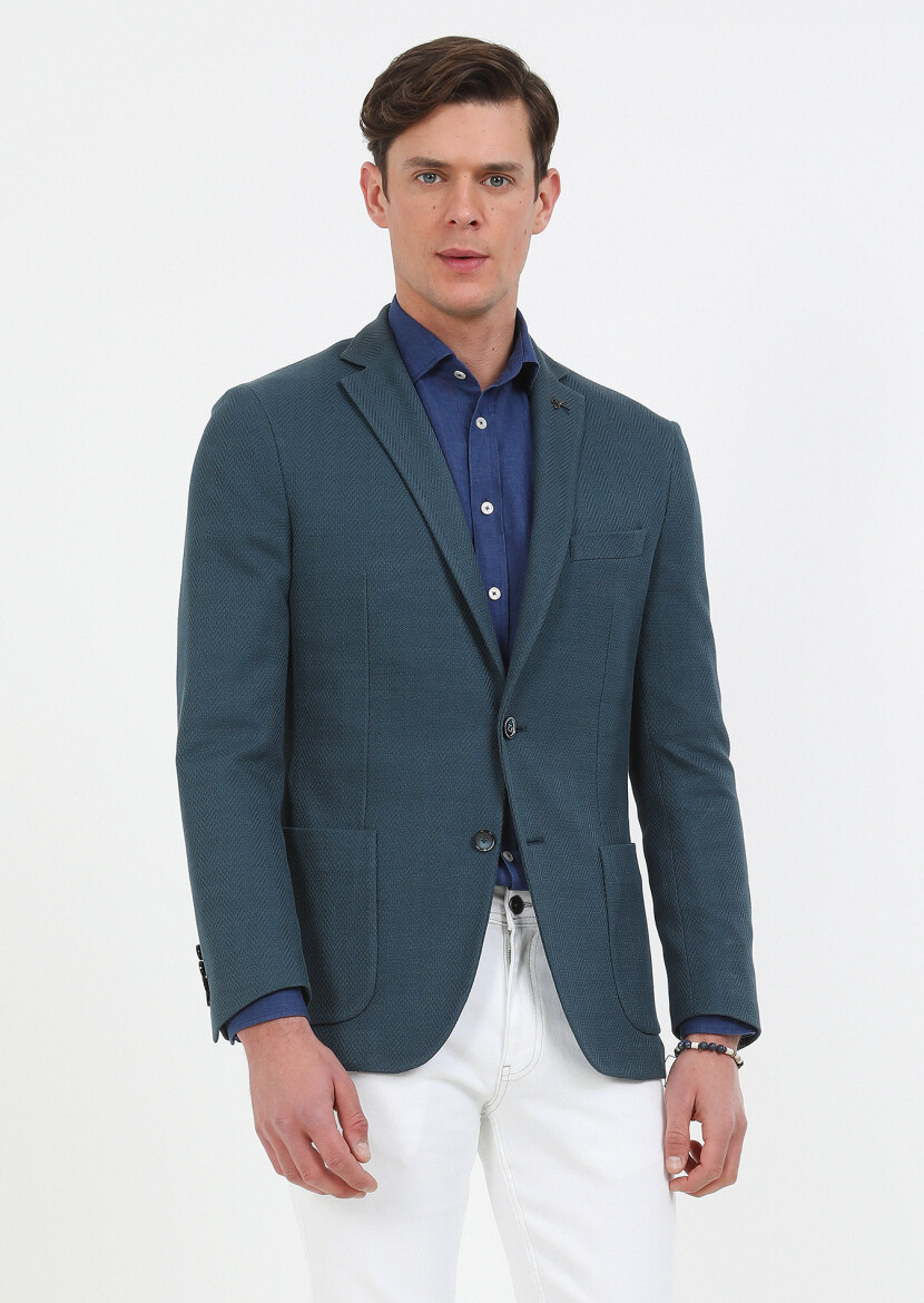 Petrol Desenli Shirt Shoulder Slim Fit %100 Pamuk Örme Ceket - 1