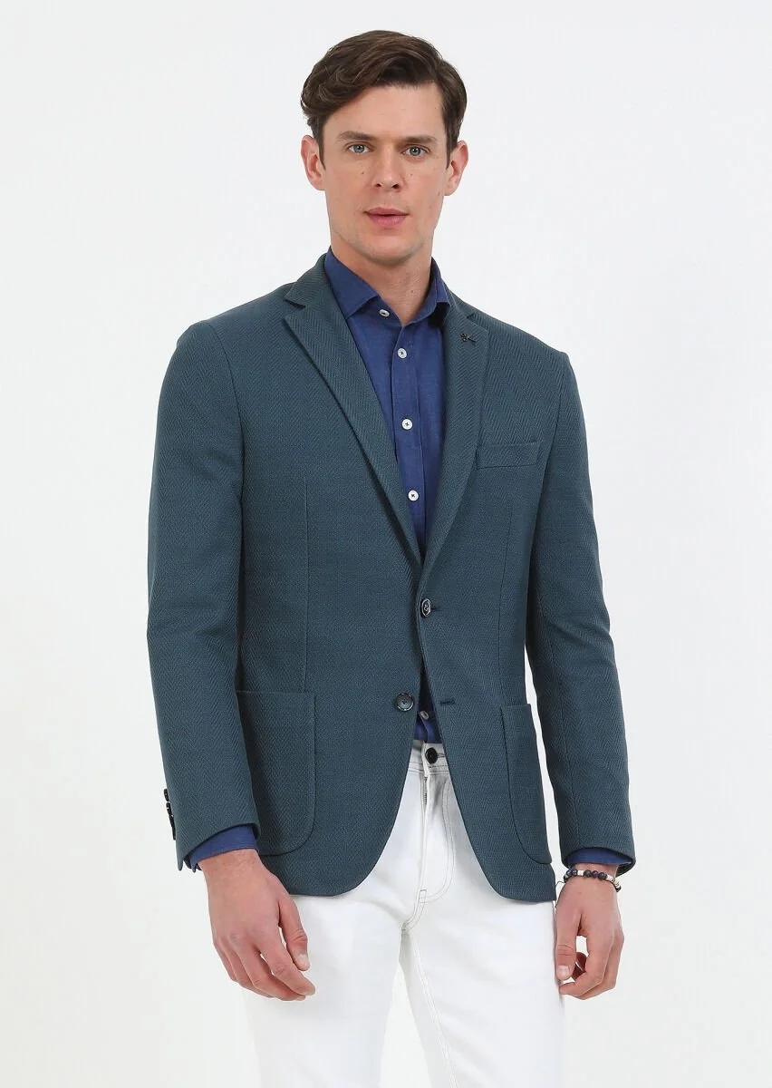 Petrol Desenli Shirt Shoulder Slim Fit %100 Pamuk Örme Ceket - 1
