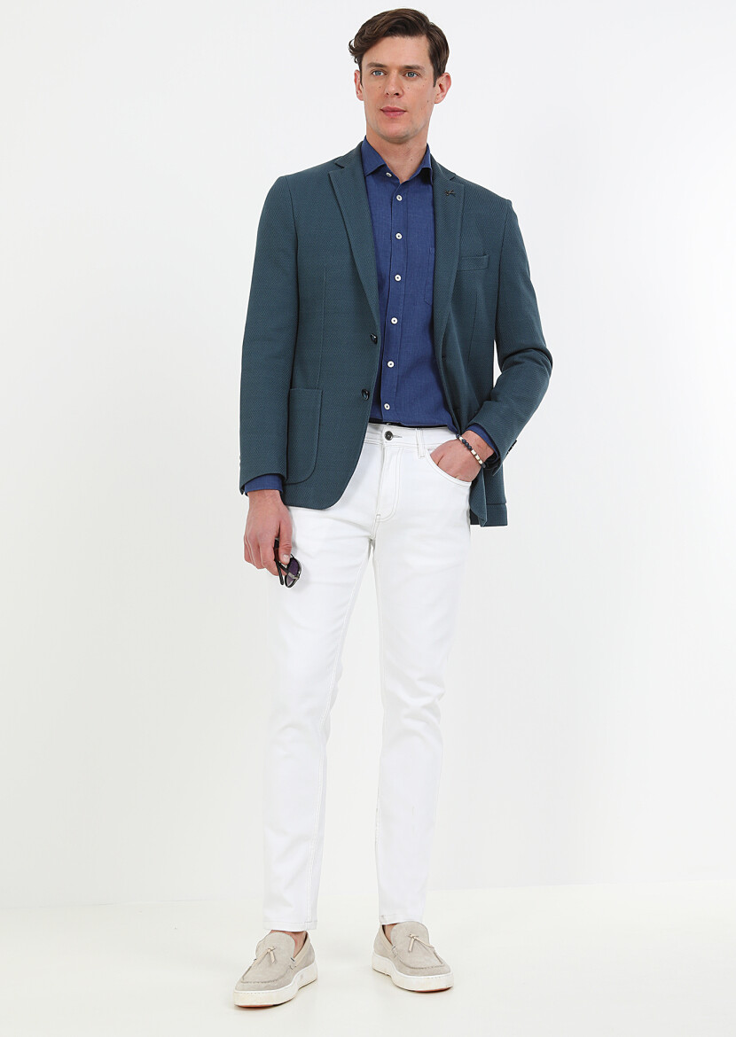 Petrol Desenli Shirt Shoulder Slim Fit %100 Pamuk Örme Ceket - 2
