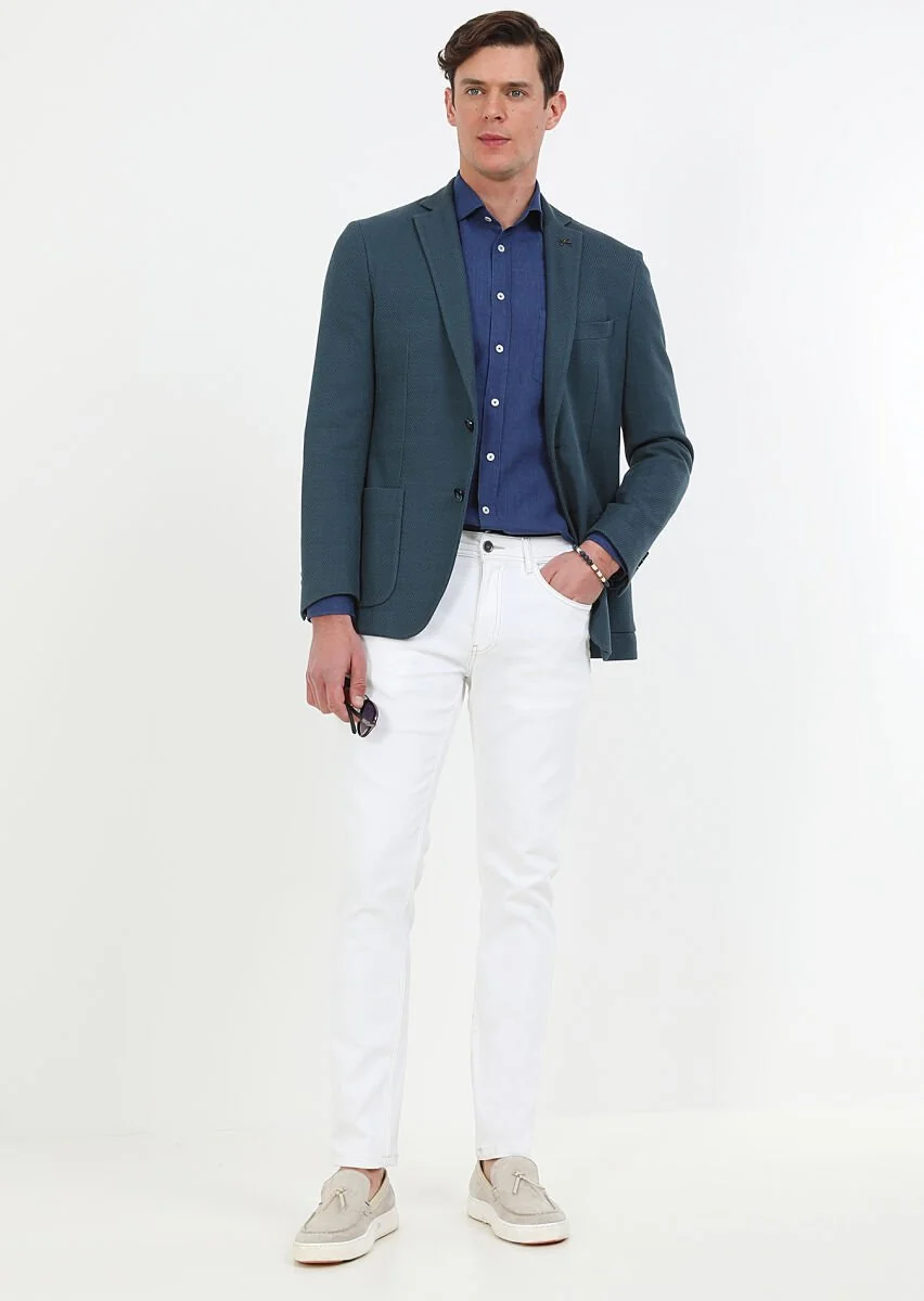 Petrol Desenli Shirt Shoulder Slim Fit %100 Pamuk Örme Ceket - 2