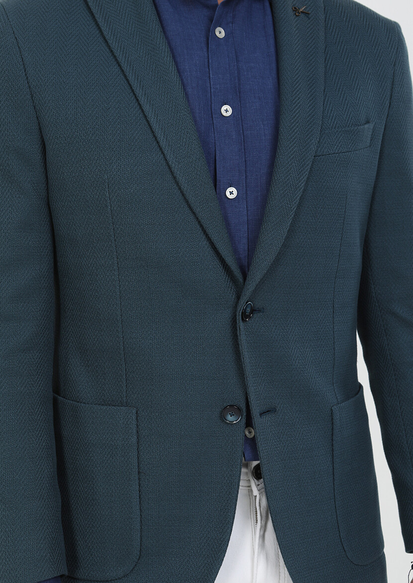 Petrol Desenli Shirt Shoulder Slim Fit %100 Pamuk Örme Ceket - 4