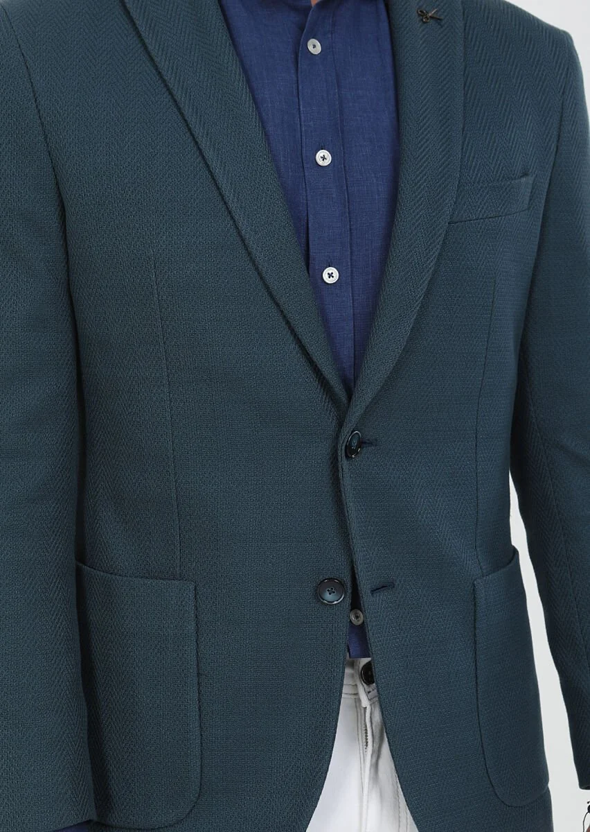 Petrol Desenli Shirt Shoulder Slim Fit %100 Pamuk Örme Ceket - 4