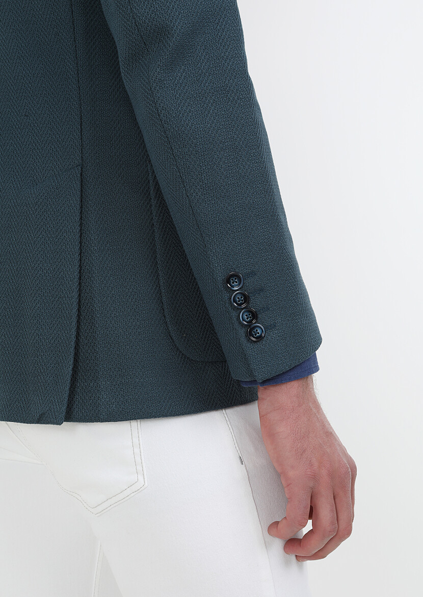 Petrol Desenli Shirt Shoulder Slim Fit %100 Pamuk Örme Ceket - 5