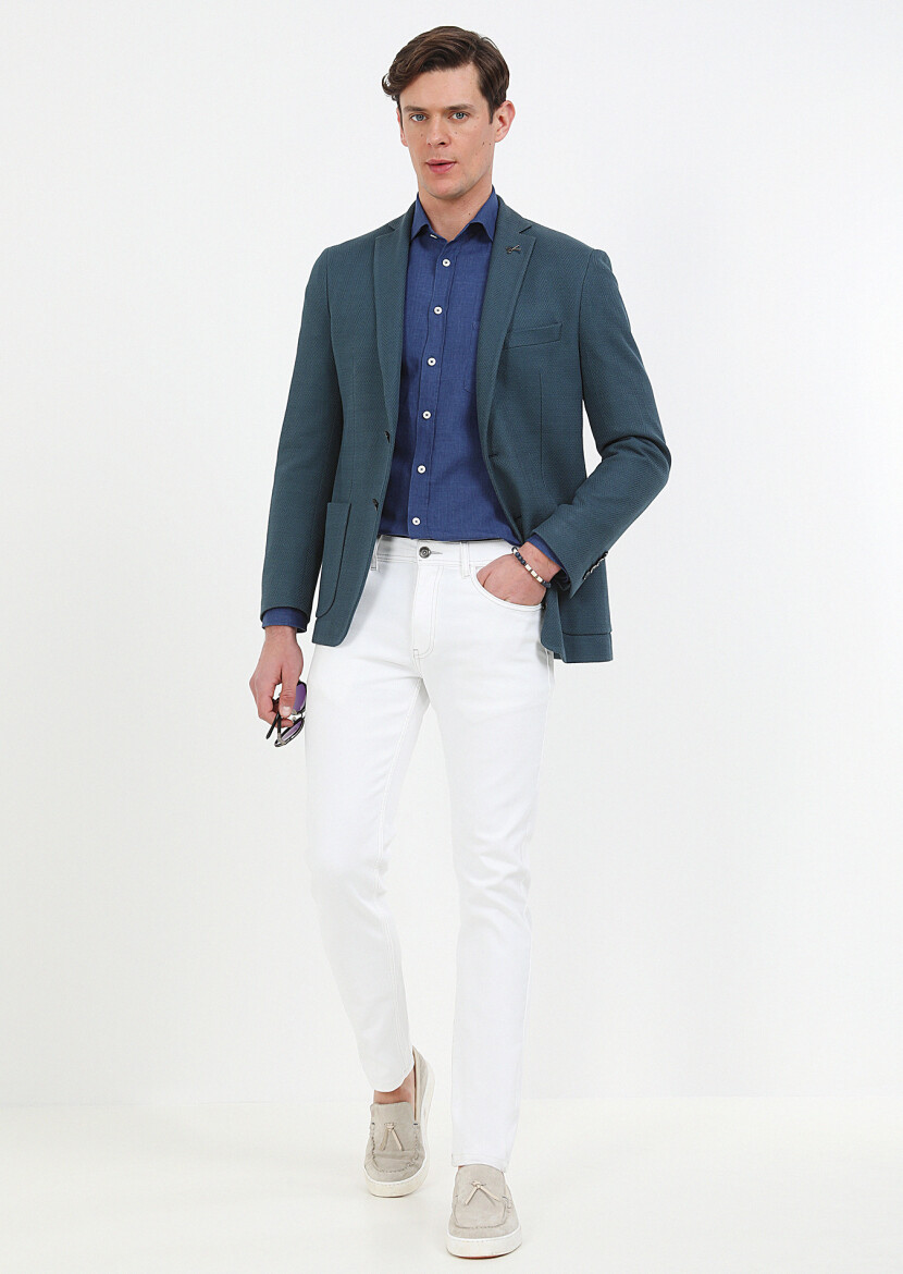 Petrol Desenli Shirt Shoulder Slim Fit %100 Pamuk Örme Ceket - 6