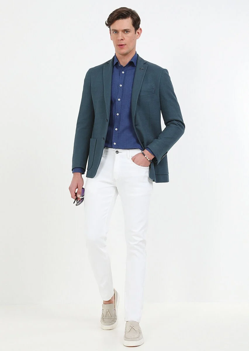 Petrol Desenli Shirt Shoulder Slim Fit %100 Pamuk Örme Ceket - 6