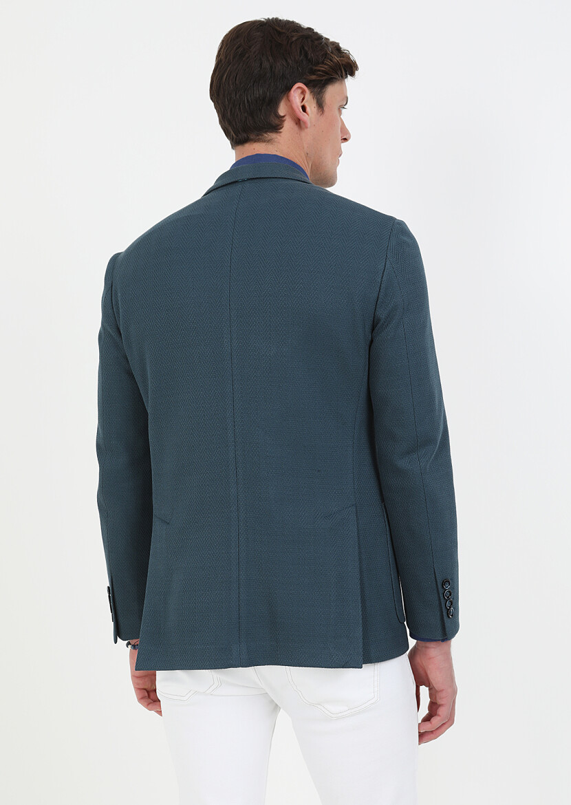 Petrol Desenli Shirt Shoulder Slim Fit %100 Pamuk Örme Ceket - 7