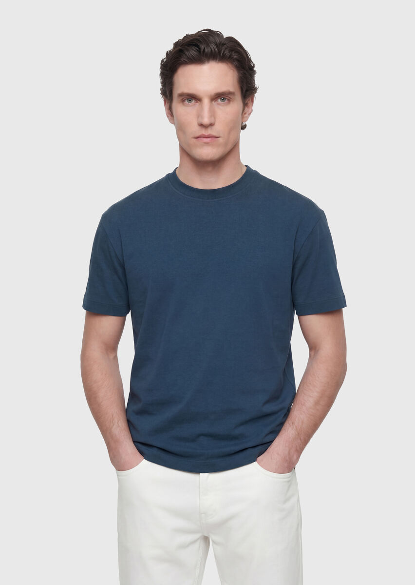 Petrol Düz Bisiklet Yaka %100 Pamuk T-Shirt - 1