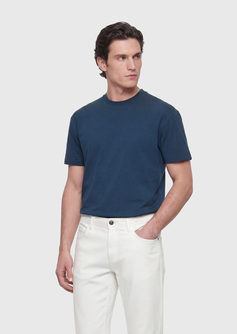 Petrol Düz Bisiklet Yaka %100 Pamuk T-Shirt - 3