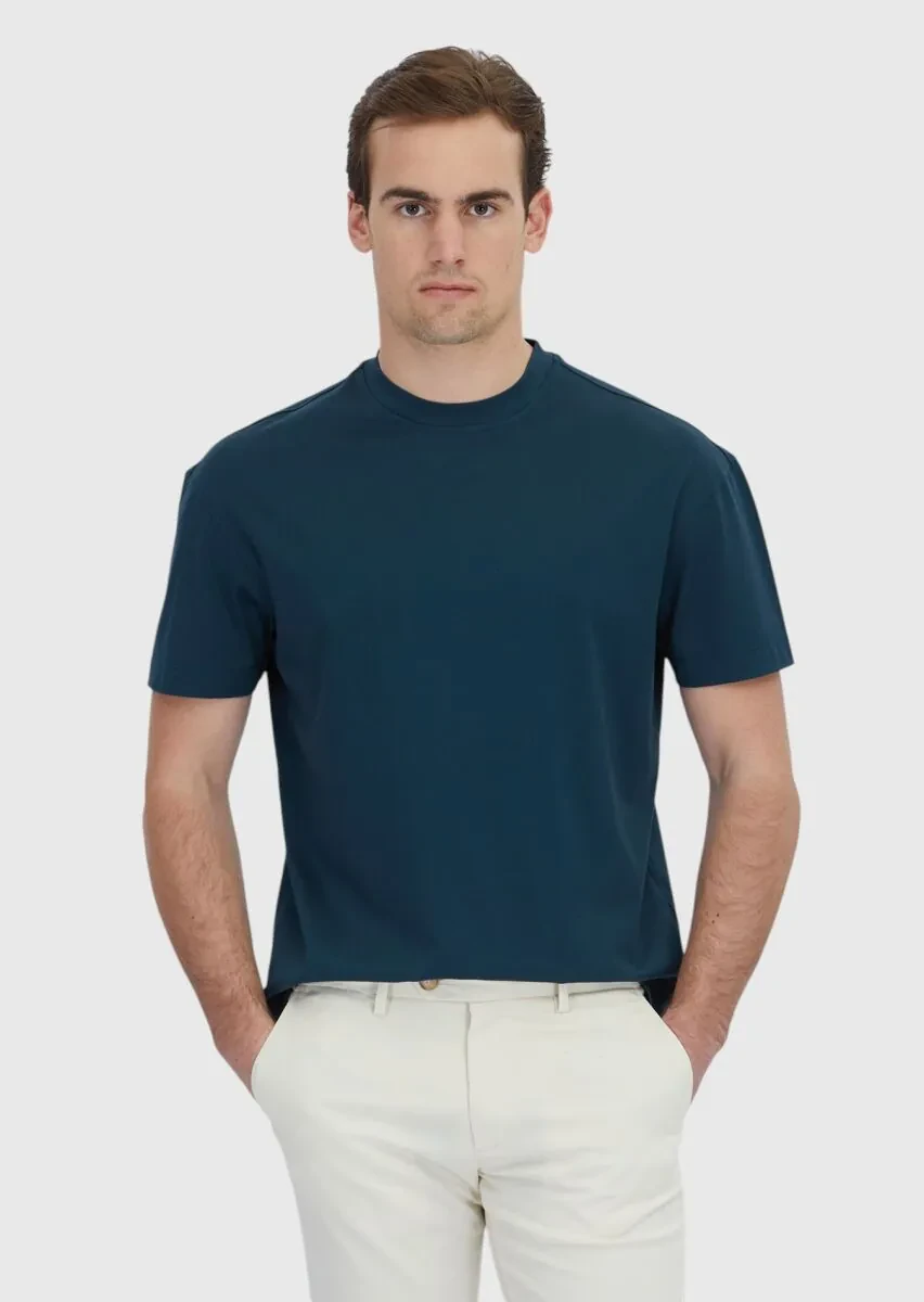 Petrol Düz Bisiklet Yaka %100 Pamuk T-Shirt - 1