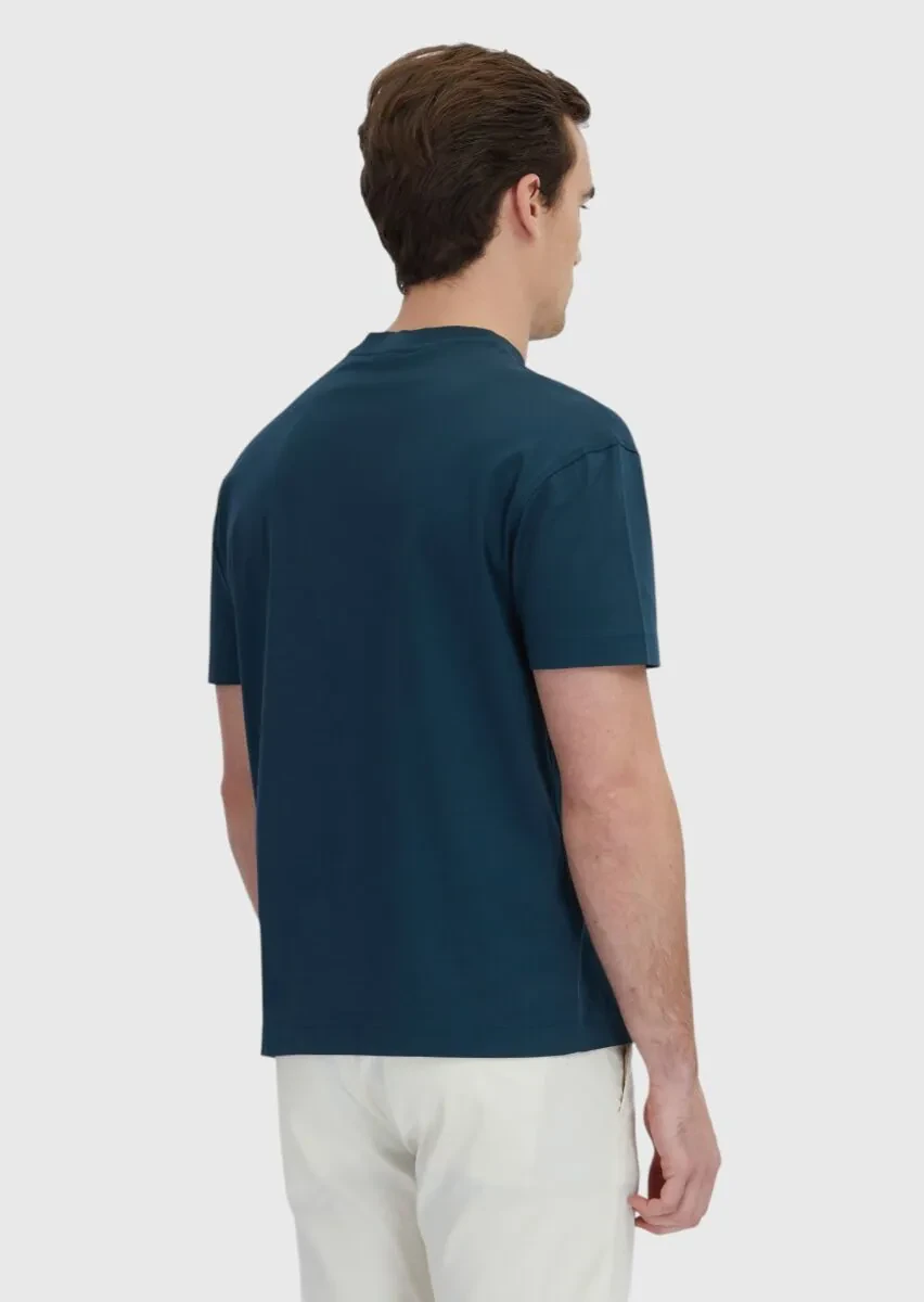 Petrol Düz Bisiklet Yaka %100 Pamuk T-Shirt - 5