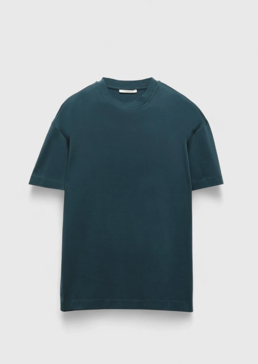 Petrol Düz Bisiklet Yaka %100 Pamuk T-Shirt - 6