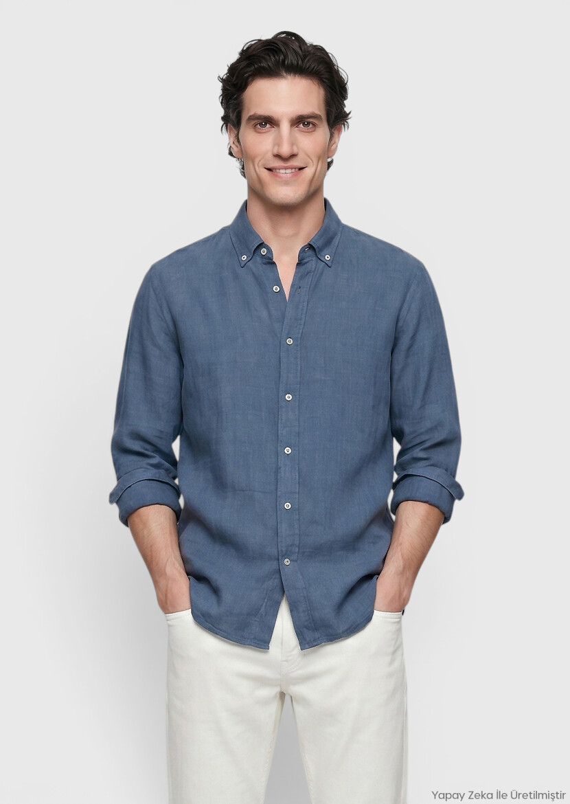 Petrol Düz Casual Fit Uzun Dokuma Casual %100 Keten Gömlek 