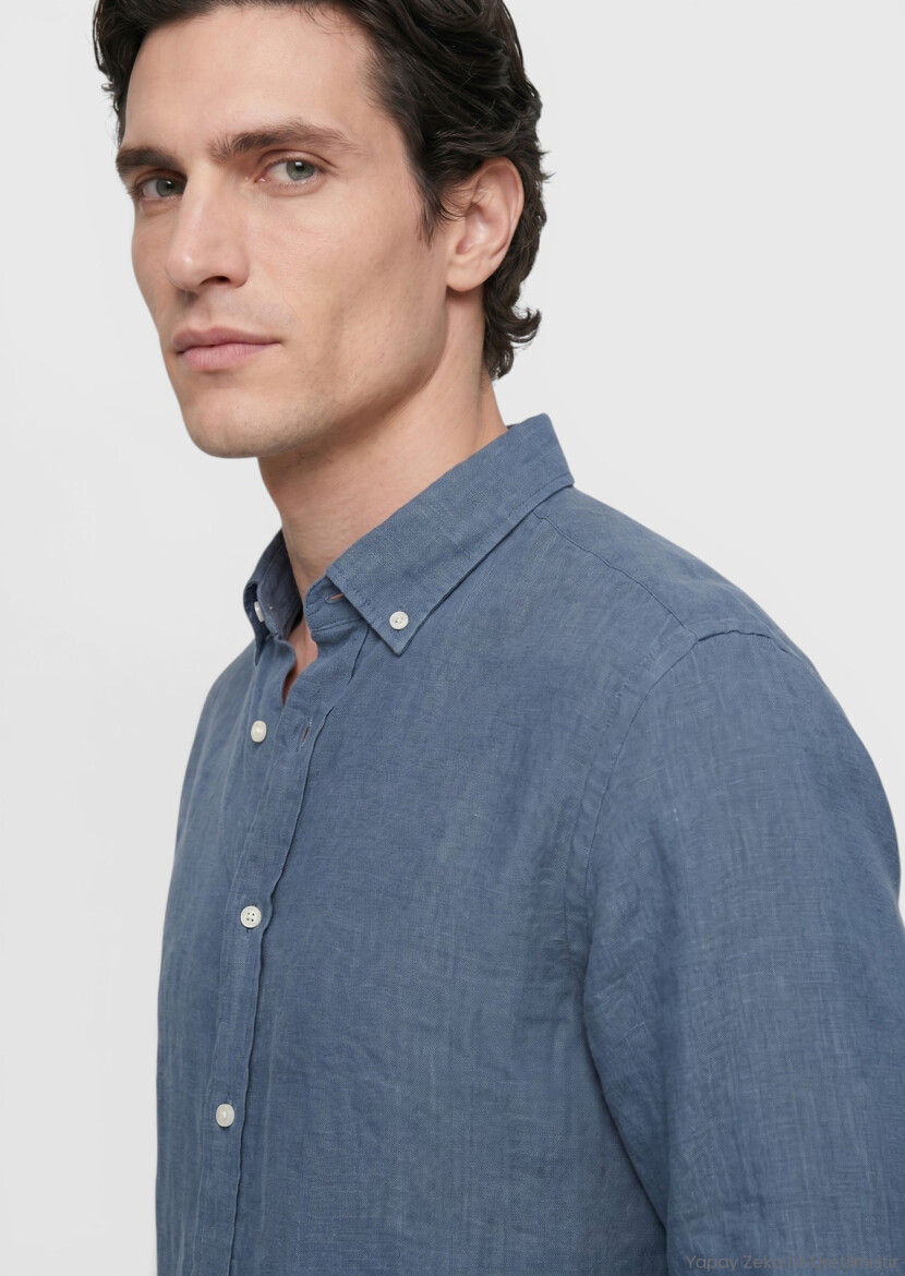 Petrol Düz Casual Fit Uzun Dokuma Casual %100 Keten Gömlek - RAMSEY