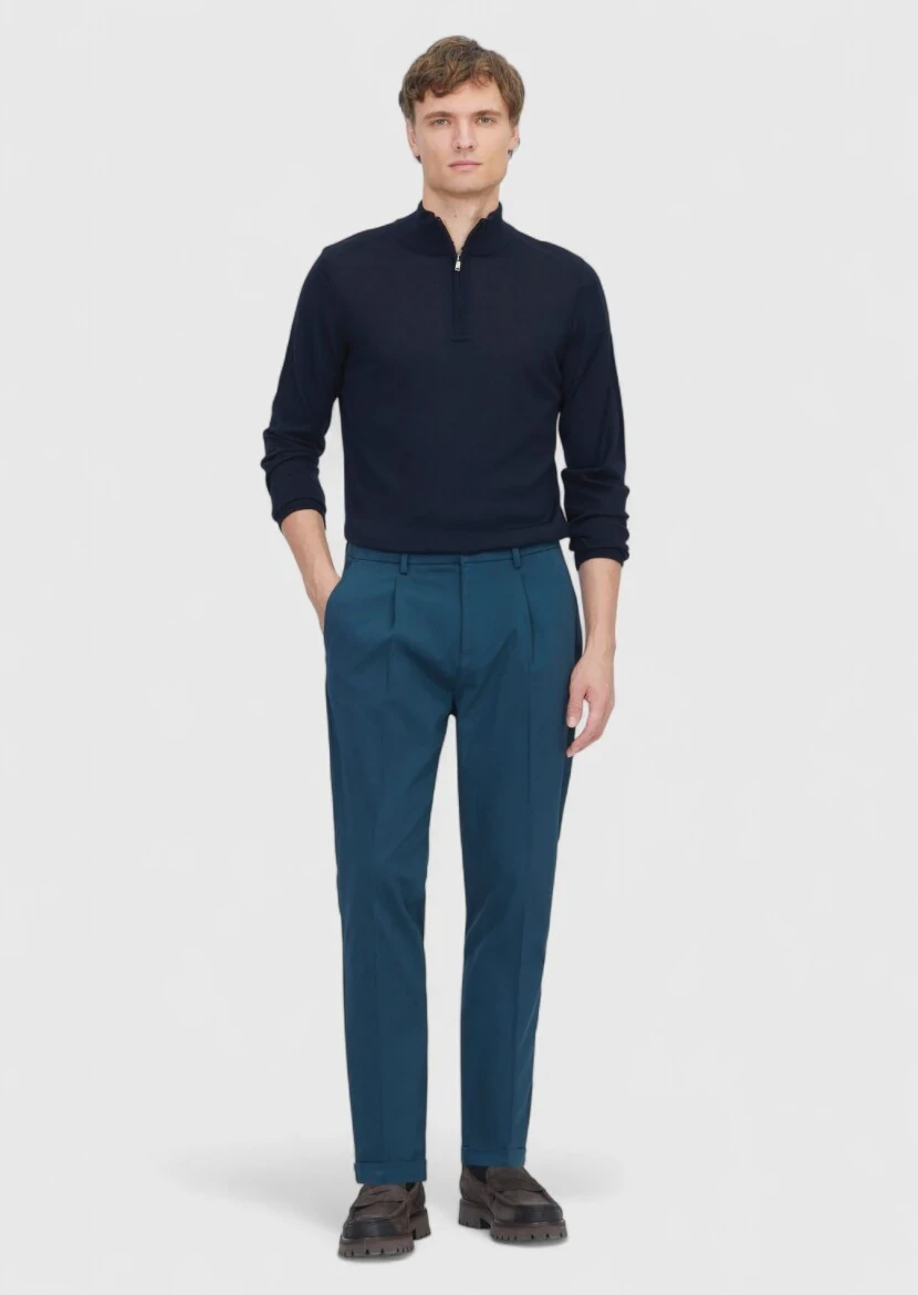 Petrol Düz Dokuma Regular Fit Casual Pamuk Karışımlı Pantolon - 1