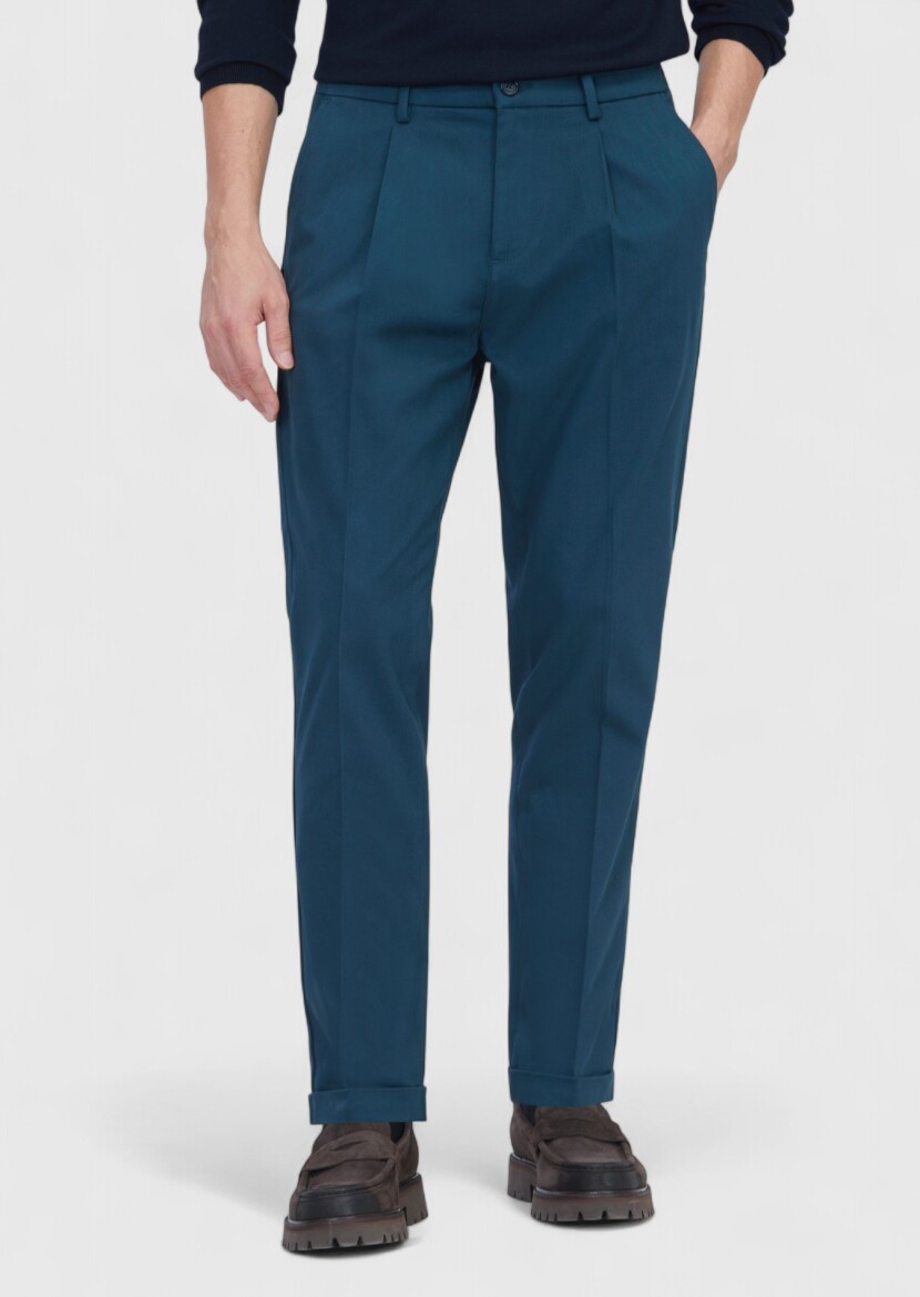 Petrol Düz Dokuma Regular Fit Casual Pamuk Karışımlı Pantolon 