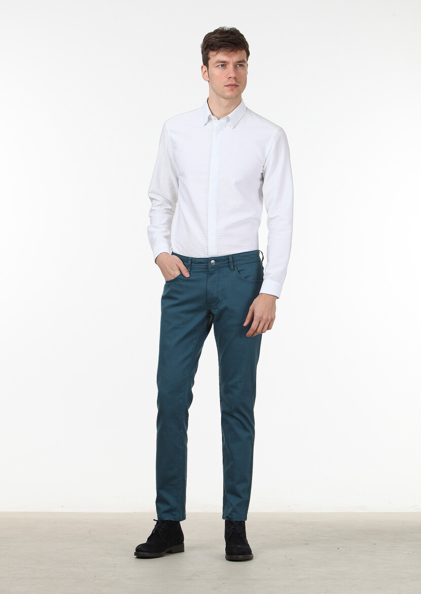 Petrol Düz Dokuma Slim Fit Casual Pamuk Karışımlı Pantolon - 1