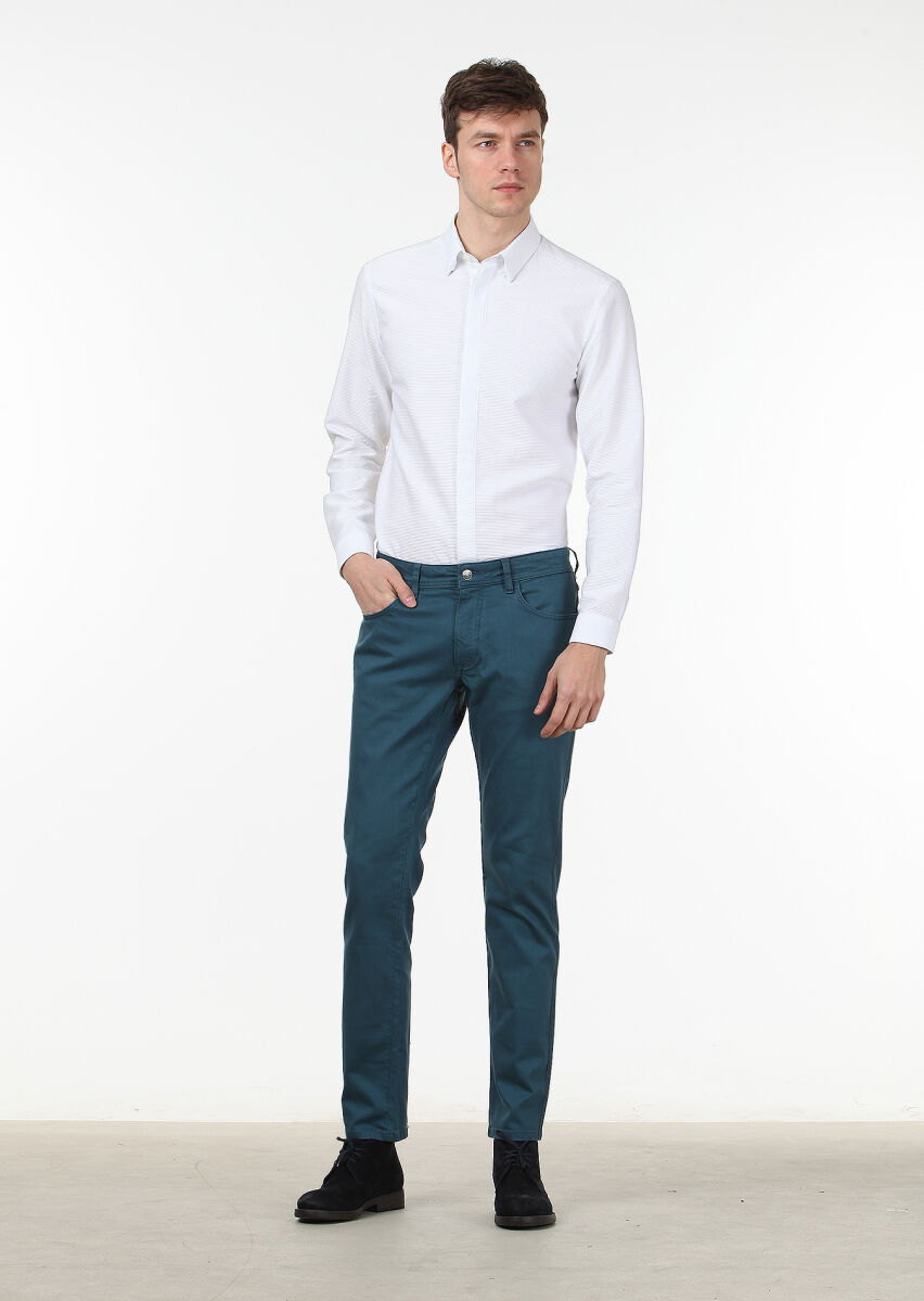 Petrol Düz Dokuma Slim Fit Casual Pamuk Karışımlı Pantolon - 1