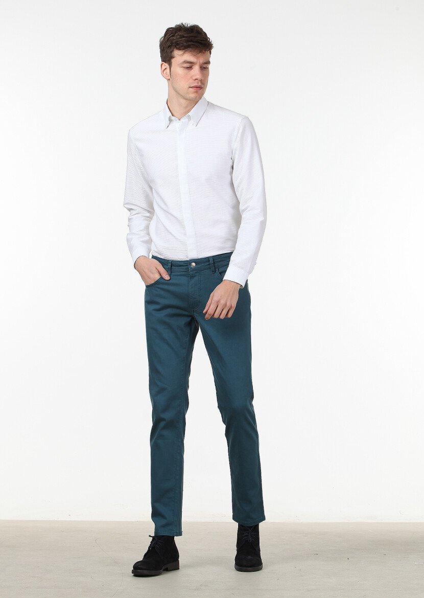 Petrol Düz Dokuma Slim Fit Casual Pamuk Karışımlı Pantolon 