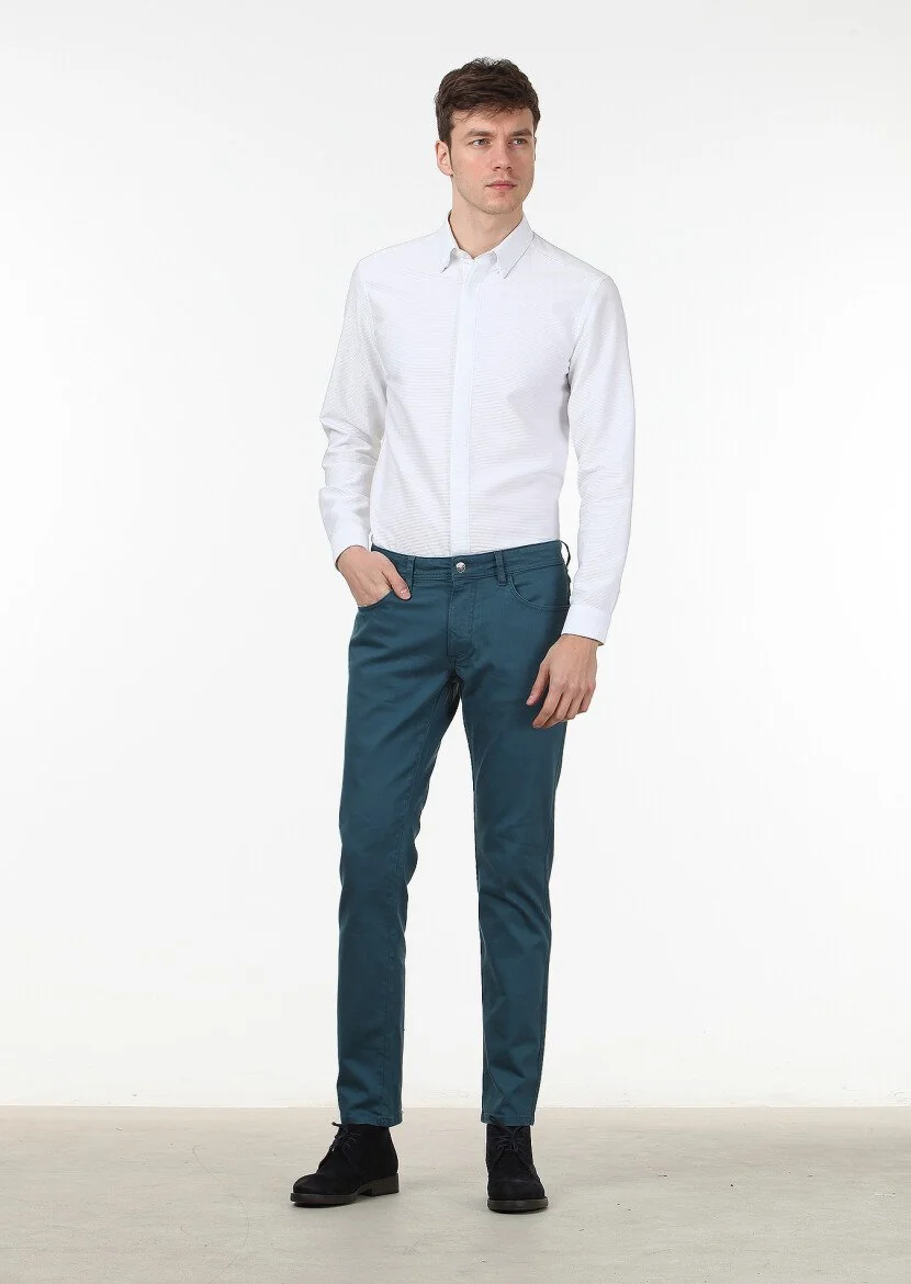 Petrol Düz Dokuma Slim Fit Casual Pamuk Karışımlı Pantolon - 1