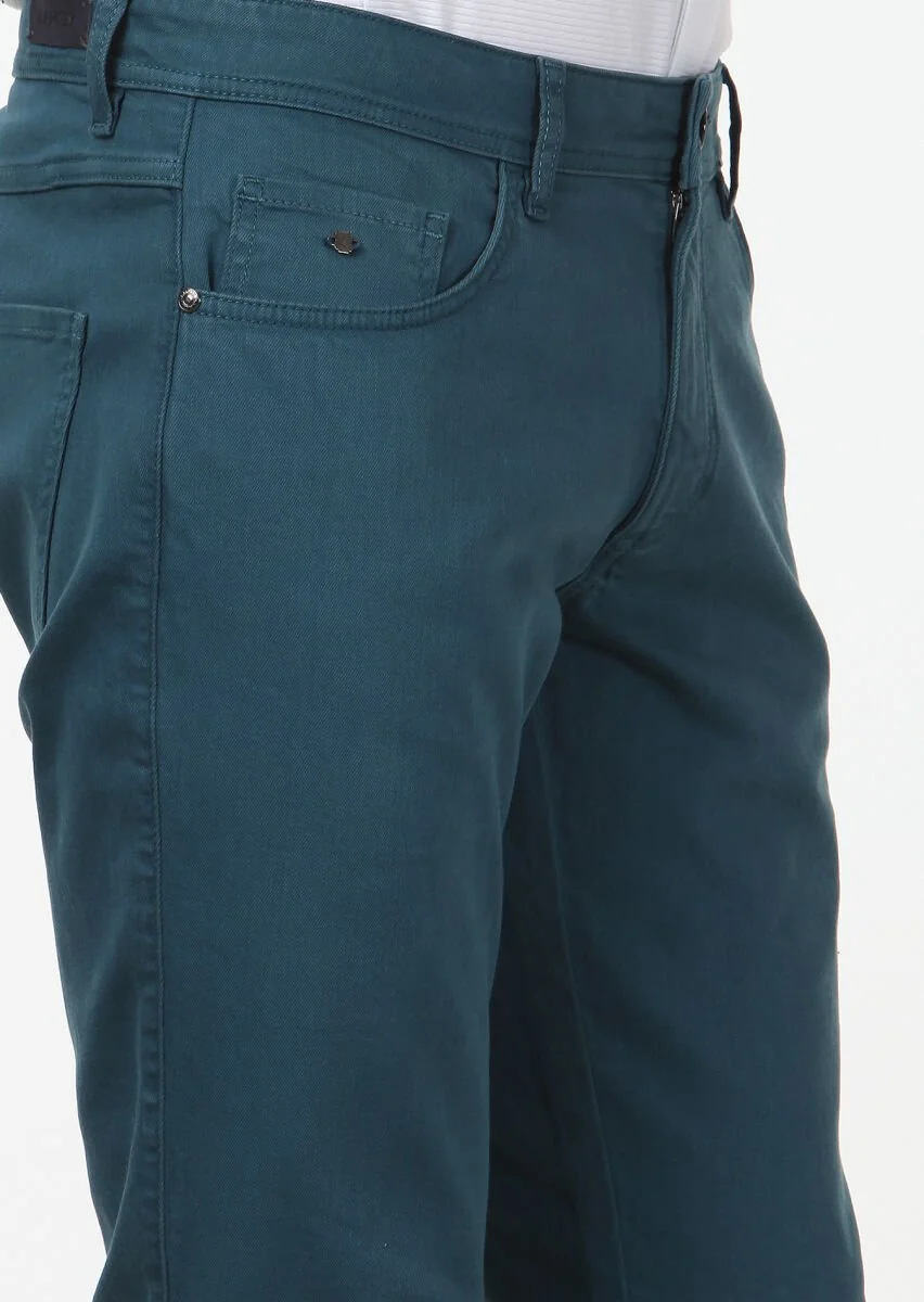 Petrol Düz Dokuma Slim Fit Casual Pamuk Karışımlı Pantolon - 3