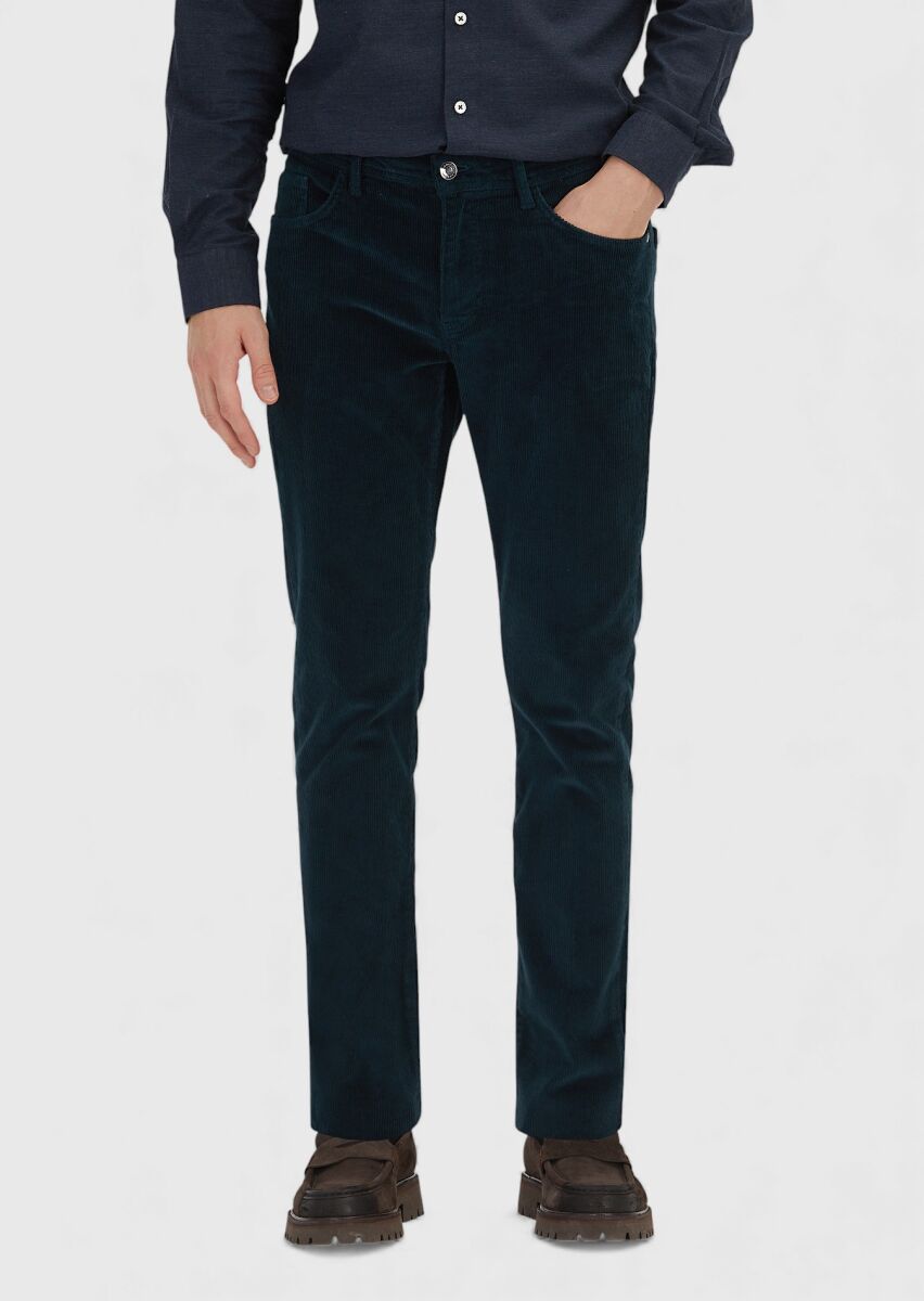 Petrol Düz Dokuma Slim Fit Kadife Casual Pamuk Karışımlı Pantolon - 2