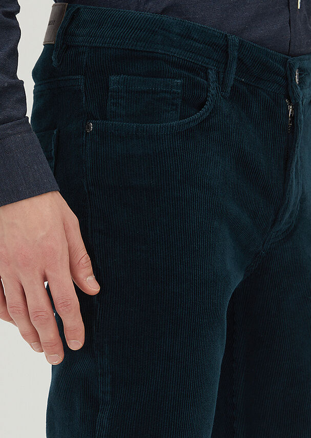 Petrol Düz Dokuma Slim Fit Kadife Casual Pamuk Karışımlı Pantolon - 3