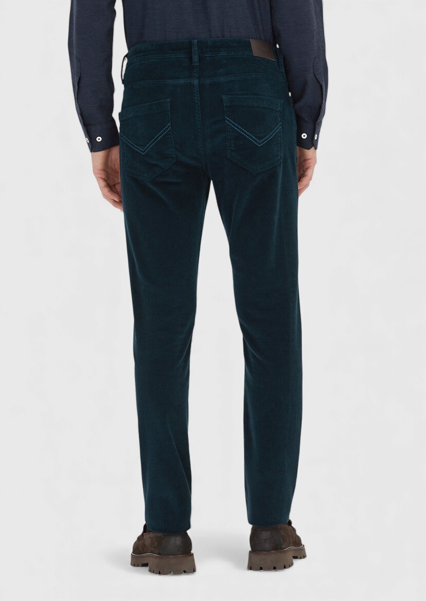 Petrol Düz Dokuma Slim Fit Kadife Casual Pamuk Karışımlı Pantolon - 5