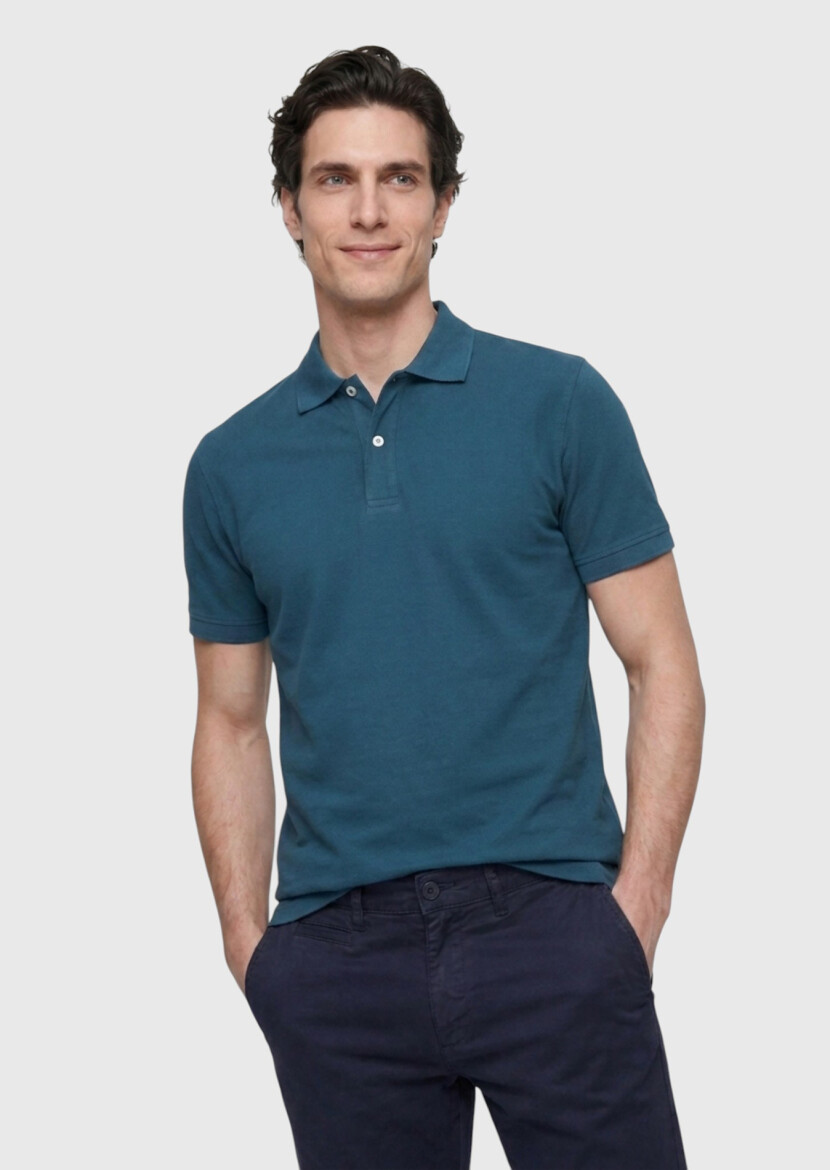 Petrol Düz Polo Yaka %100 Pamuk T-Shirt 