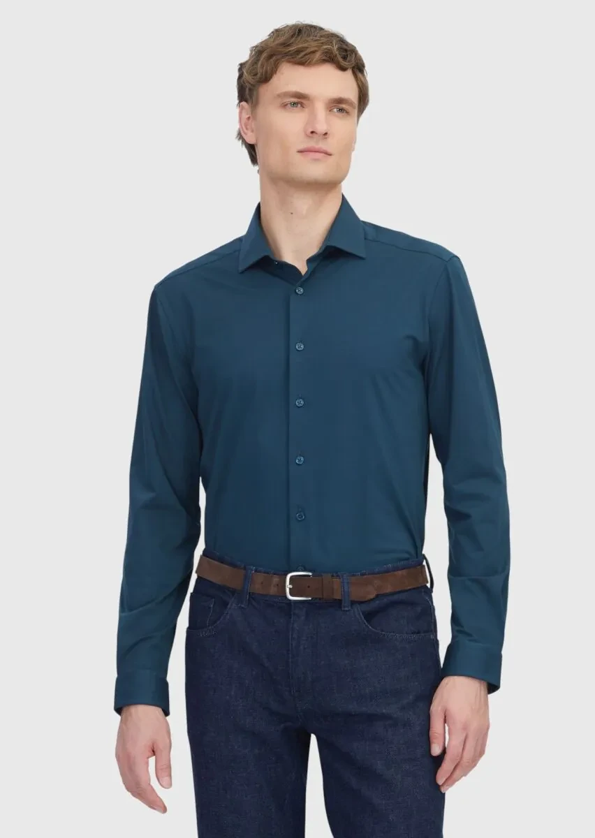 Petrol Düz Regular Fit Casual Pamuk Karışımlı Gömlek - 1