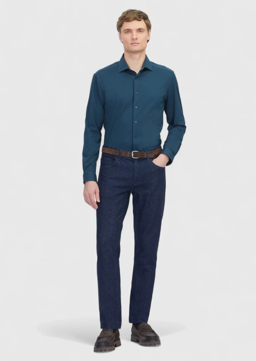 Petrol Düz Regular Fit Casual Pamuk Karışımlı Gömlek - 2
