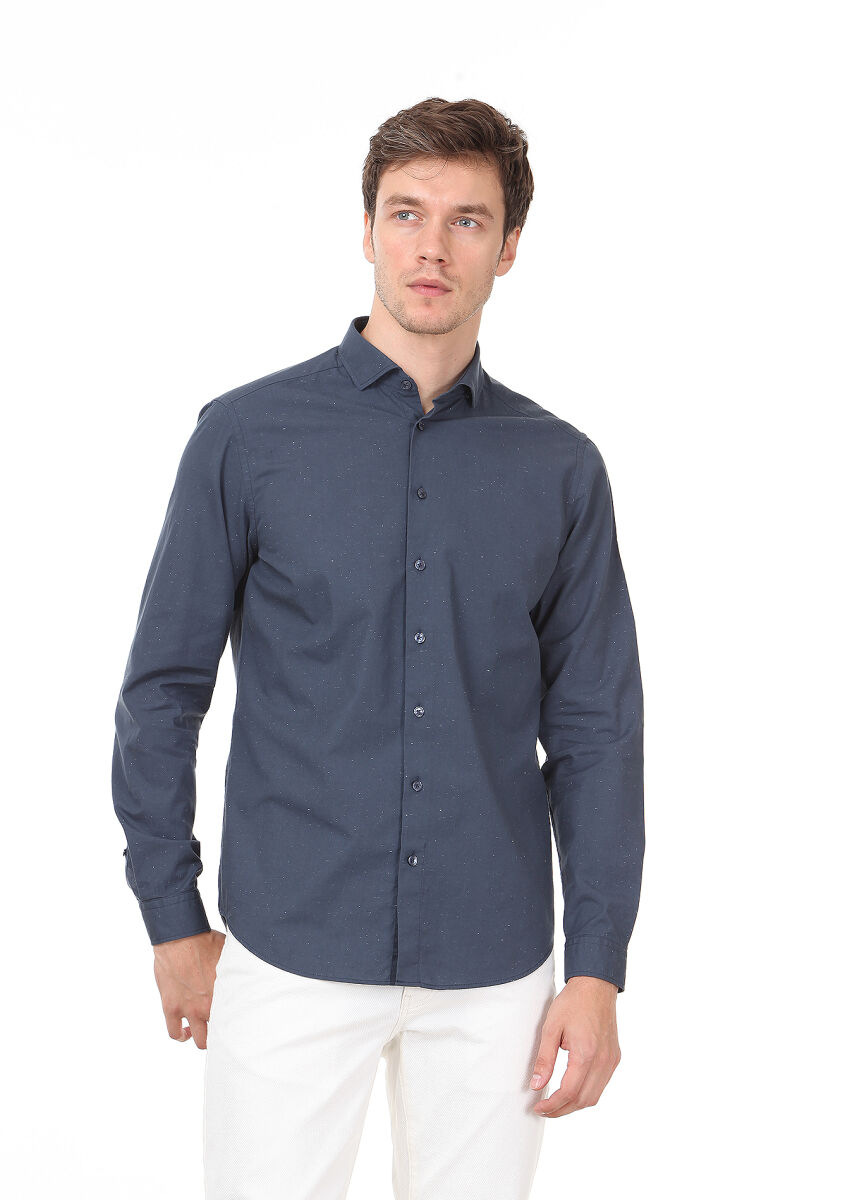 Petrol Düz Slim Fit Uzun Dokuma Casual %100 Pamuk Gömlek - 1