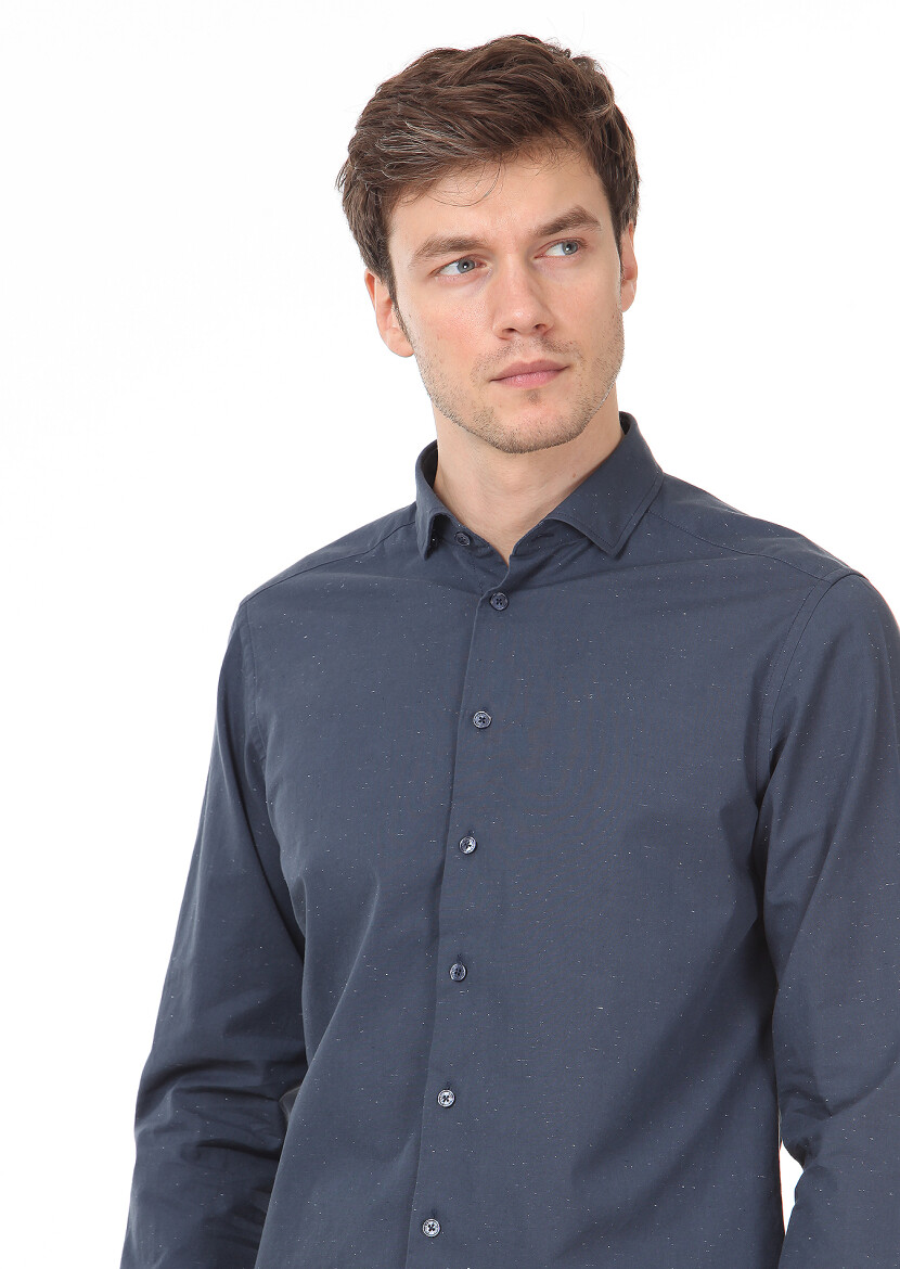 Petrol Düz Slim Fit Uzun Dokuma Casual %100 Pamuk Gömlek - 2